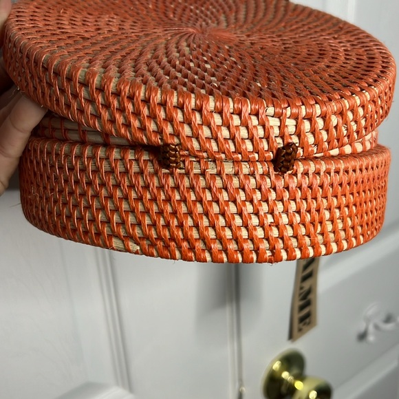 Rattan Circle Crossbody Bag Round Hand Woven Orange Lined Purse - Picture 8 of 8